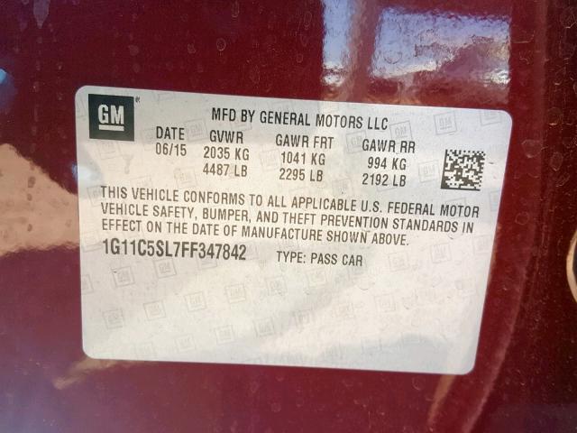 1G11C5SL7FF347842 - 2015 CHEVROLET MALIBU 1LT RED photo 10