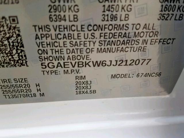 5GAEVBKW6JJ212077 - 2018 BUICK ENCLAVE PR WHITE photo 10