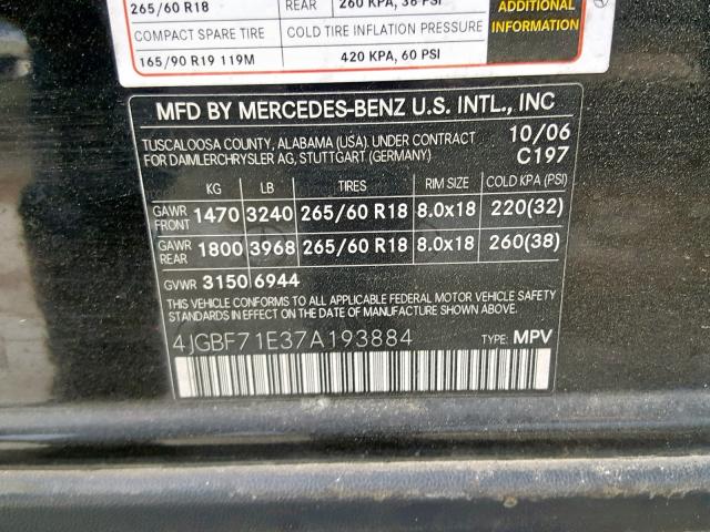 4JGBF71E37A193884 - 2007 MERCEDES-BENZ GL 450 4MA BLACK photo 10