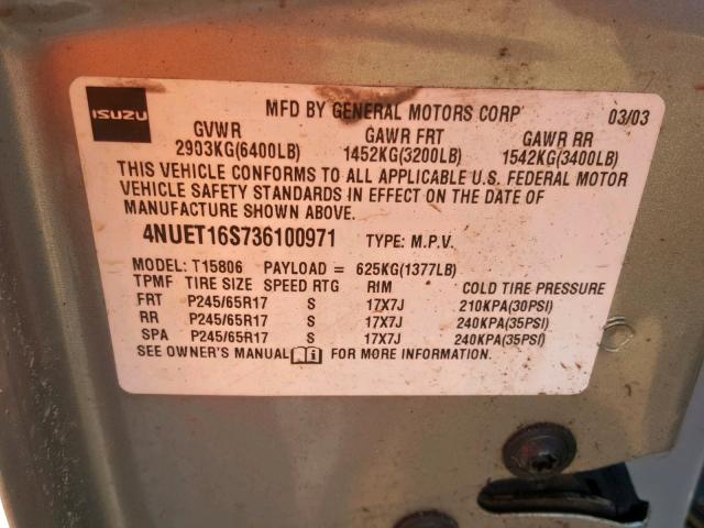 4NUET16S736100971 - 2003 ISUZU ASCENDER S 灰色 照片 10