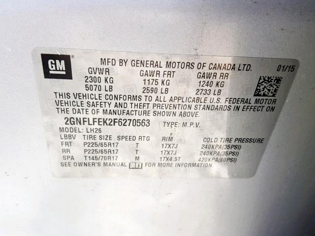 2GNFLFEK2F6270563 - 2015 CHEVROLET EQUINOX LT SILVER photo 10