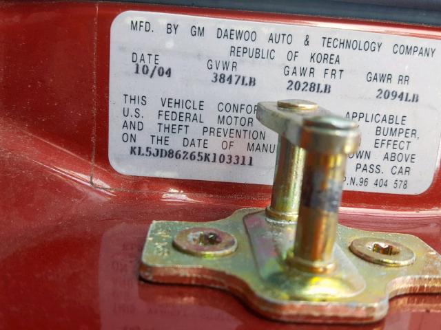 KL5JD86Z65K103311 - 2005 SUZUKI FORENZA S RED photo 10