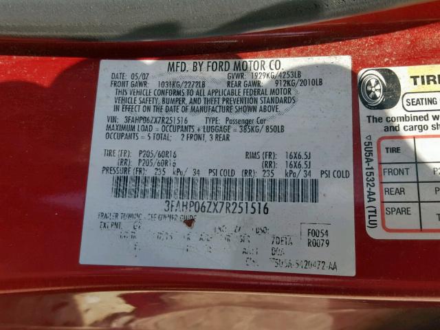 3FAHP06ZX7R251516 - 2007 FORD FUSION S RED photo 10