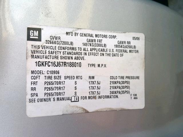 1GKFC16J67R188010 - 2007 GMC YUKON XL C SILVER photo 10