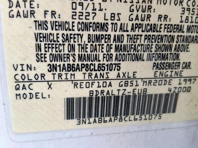 3N1AB6AP8CL651075 - 2012 NISSAN SENTRA 2.0 WHITE photo 10