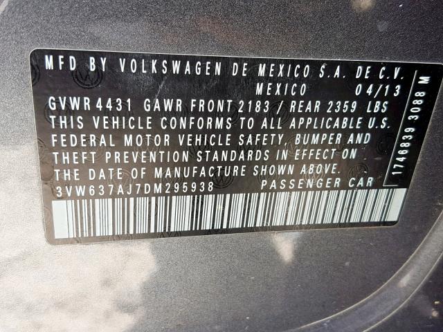 3VW637AJ7DM295938 - 2013 VOLKSWAGEN JETTA HYBR CHARCOAL photo 10