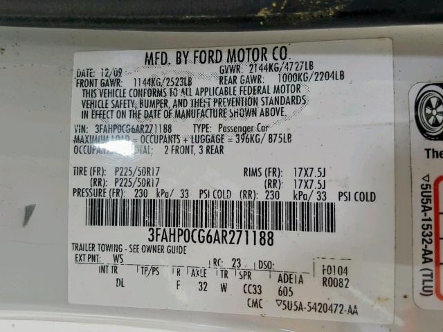 3FAHP0CG6AR271188 - 2010 FORD FUSION SEL WHITE photo 10