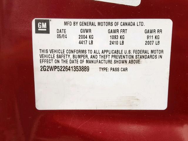 2G2WP522641353889 - 2004 PONTIAC GRAND PRIX MAROON photo 10