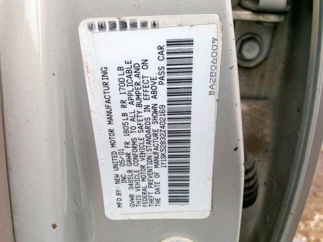 1Y1SK52832Z402169 - 2002 CHEVROLET GEO PRIZM SILVER photo 10