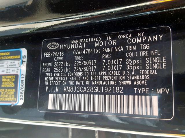 KM8J3CA28GU192182 - 2016 HYUNDAI TUCSON LIM BLACK photo 10