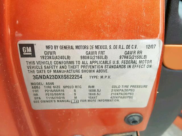 3GNDA23DX8S622254 - 2008 CHEVROLET HHR LT ORANGE photo 10