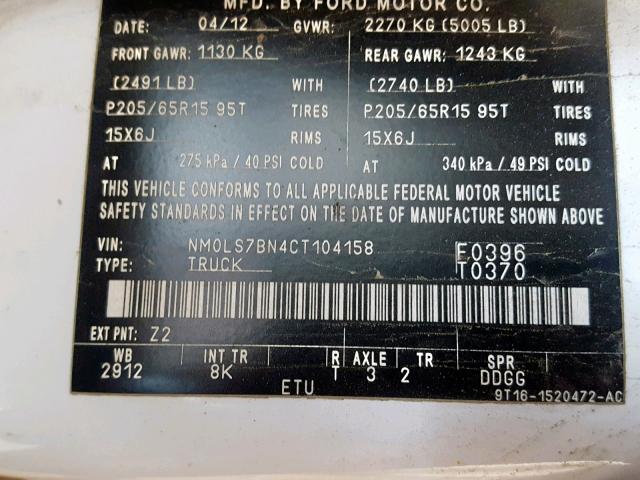 NM0LS7BN4CT104158 - 2012 FORD TRANSIT CO WHITE photo 10