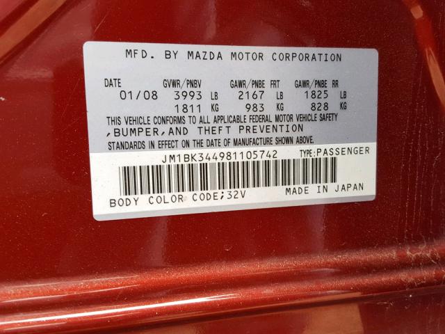 JM1BK344981105742 - 2008 MAZDA 3 HATCHBAC RED photo 10