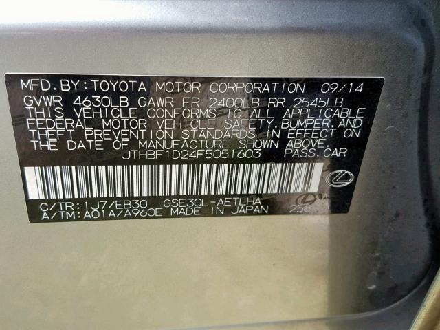 JTHBF1D24F5051603 - 2015 LEXUS IS 250 GRAY photo 10