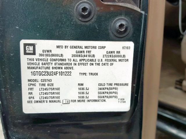 1GTGC23U24F101222 - 2004 GMC SIERRA C25 GREEN photo 10