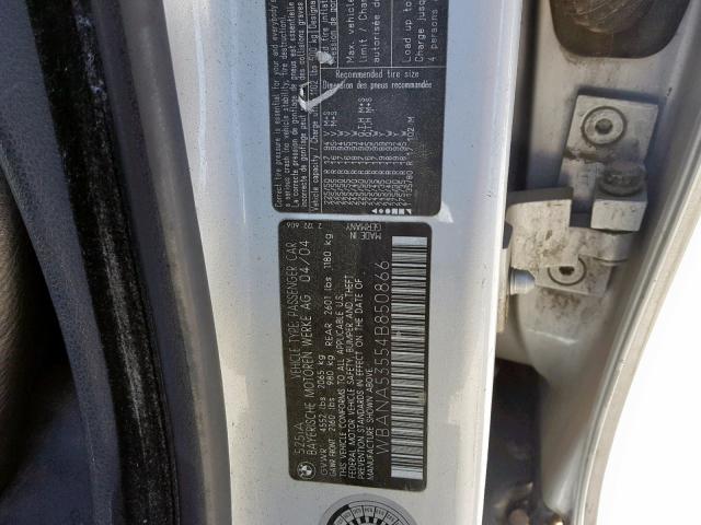 WBANA53554B850866 - 2004 BMW 525 I GRAY photo 10