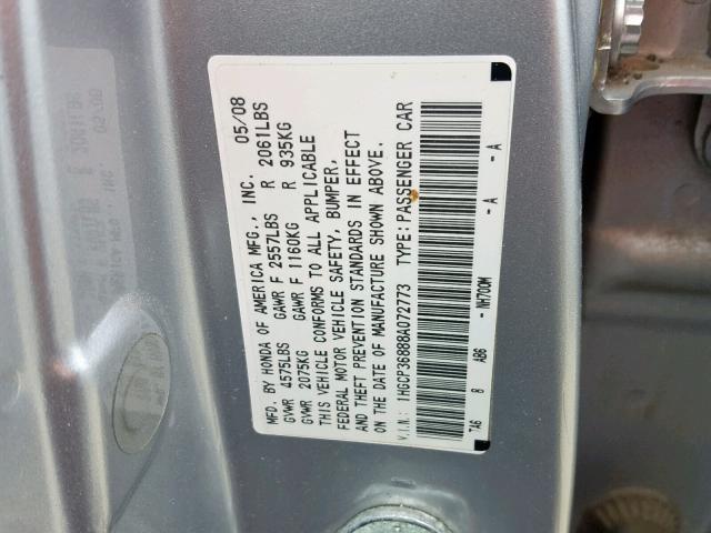 1HGCP36888A072773 - 2008 HONDA ACCORD EXL SILVER photo 10