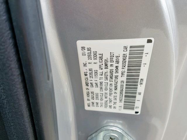 1HGCS22858A006129 - 2008 HONDA ACCORD EXL SILVER photo 10