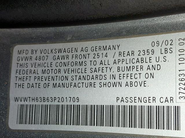 WVWTH63B63P201709 - 2003 VOLKSWAGEN PASSAT GLX GRAY photo 10