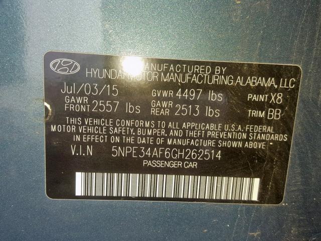 5NPE34AF6GH262514 - 2016 HYUNDAI SONATA SPO BLUE photo 10