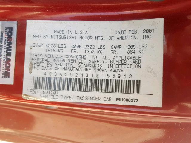 4C3AG52H31E155942 - 2001 CHRYSLER SEBRING LX RED photo 10