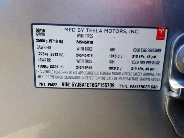 5YJSA1E16GF155709 - 2016 TESLA MODEL S Արծաթագույն լուսանկար 10