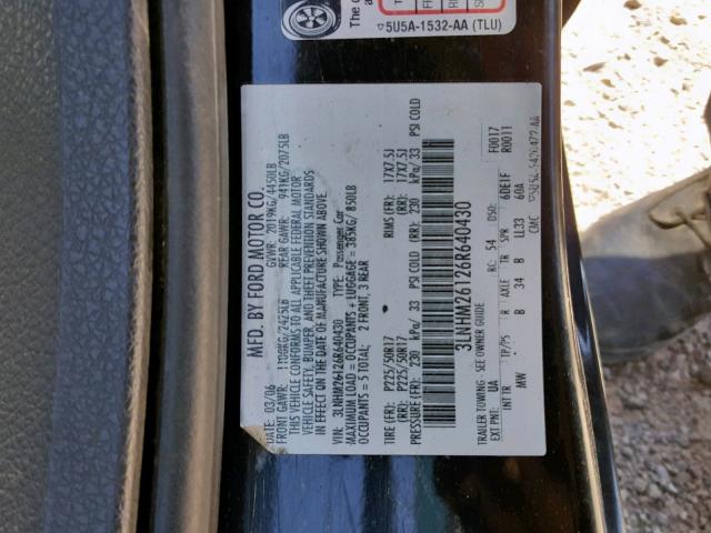 3LNHM26126R640430 - 2006 LINCOLN ZEPHYR BLACK photo 10