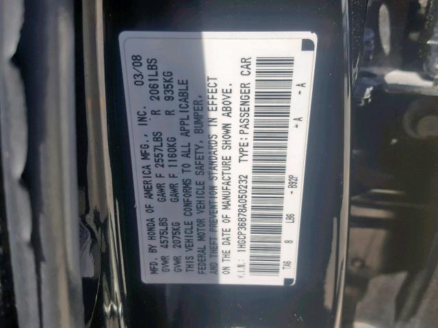 1HGCP36878A050232 - 2008 HONDA ACCORD EXL BLACK photo 10