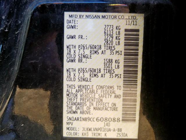 5N1AR1NB9CC608088 - 2012 NISSAN PATHFINDER S  photo 10