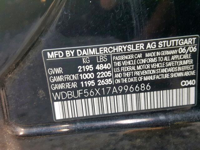 WDBUF56X17A996686 - 2007 MERCEDES-BENZ E 350 BLACK photo 10