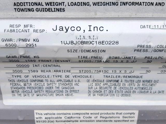 1UJBJ0BM9C18E0228 - 2012 JAYCO JAYFLIGHT  WHITE photo 10