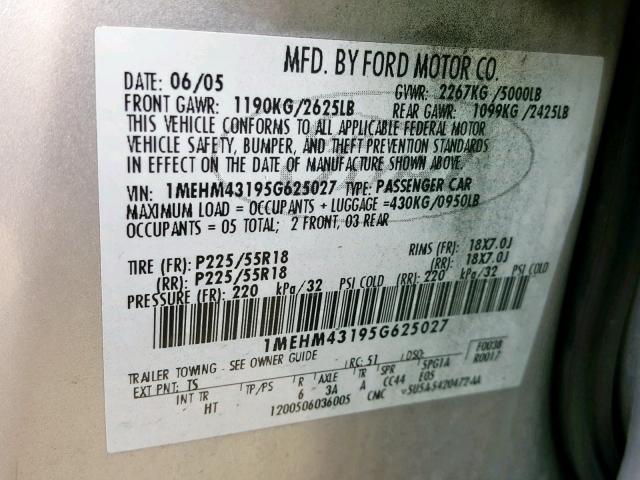 1MEHM43195G625027 - 2005 MERCURY MONTEGO PR ვერცხლისფერი ფოტო 10