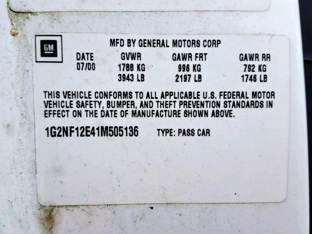 1G2NF12E41M505136 - 2001 PONTIAC GRAND AM S WHITE photo 10