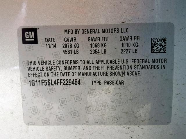 1G11F5SL4FF229464 - 2015 CHEVROLET MALIBU LTZ ვერცხლისფერი ფოტო 10