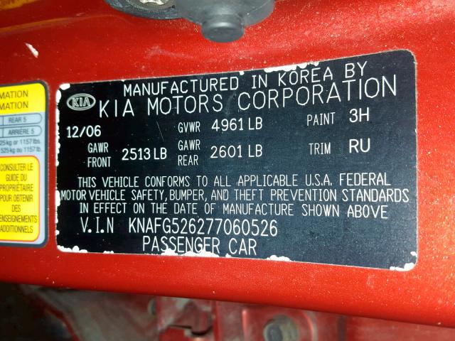 KNAFG526277060526 - 2007 KIA RONDO LX RED photo 10