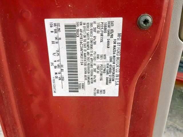 4F4YR16C3WTM31124 - 1998 MAZDA B2500 CAB RED photo 10