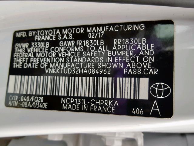 VNKKTUD32HA084962 - 2017 TOYOTA YARIS L WHITE photo 10