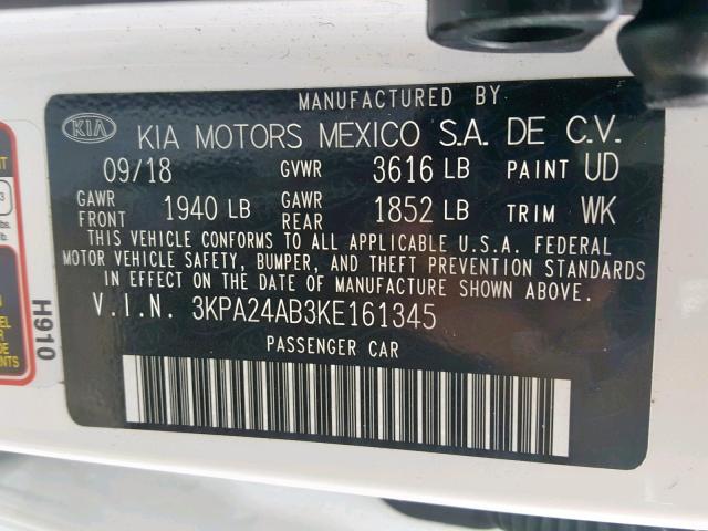 3KPA24AB3KE161345 - 2019 KIA RIO S WHITE photo 10