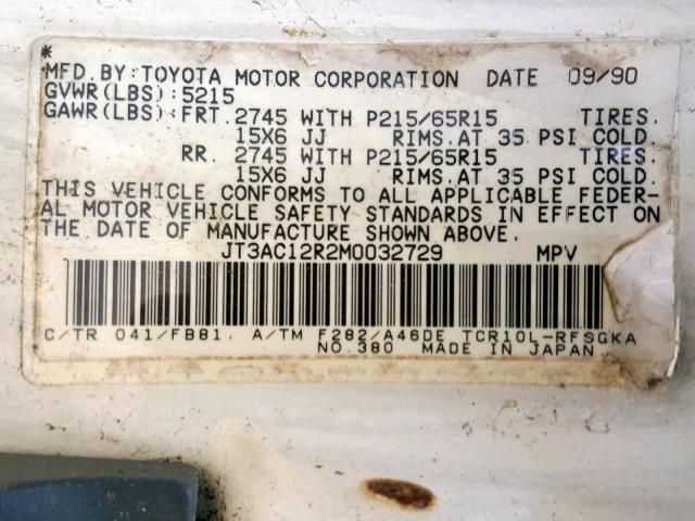 JT3AC12R2M0032729 - 1991 TOYOTA PREVIA LE WHITE photo 10