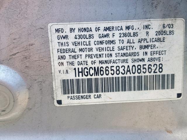 1HGCM66583A085628 - 2003 HONDA ACCORD SILVER photo 10