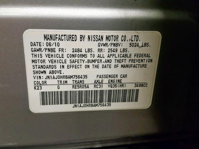 JN1AJ0HR8AM756435 - 2010 INFINITI EX35 BASE SILVER photo 10