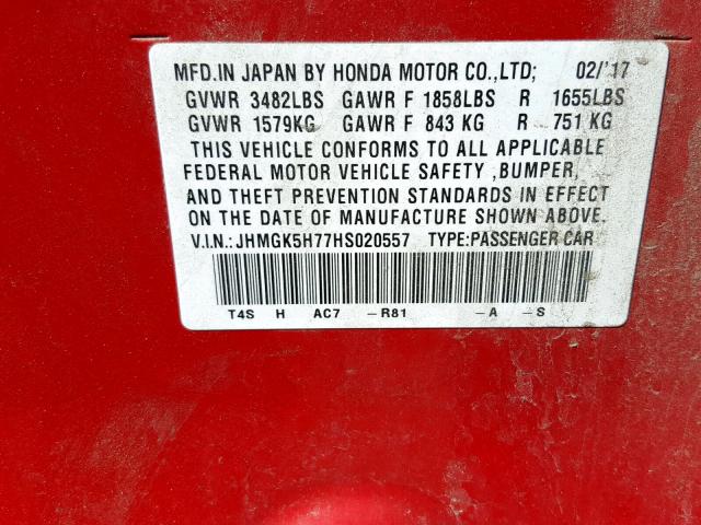 JHMGK5H77HS020557 - 2017 HONDA FIT EX RED photo 10