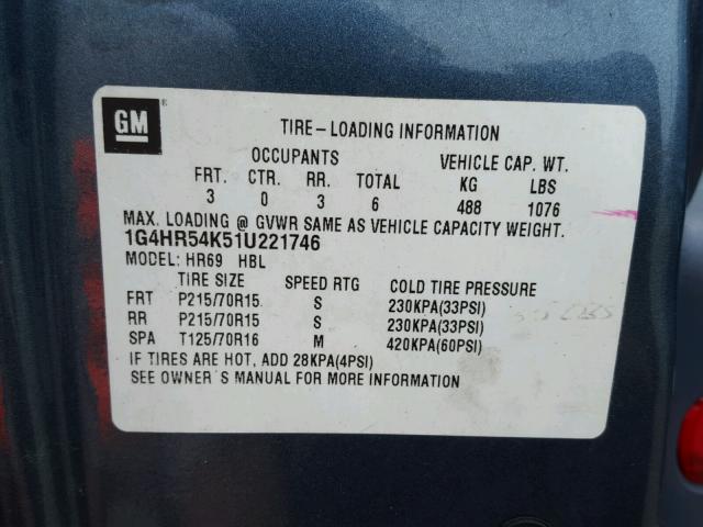 1G4HR54K51U221746 - 2001 BUICK LESABRE LI BLUE photo 10