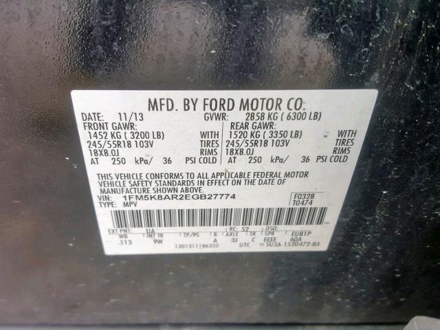 1FM5K8AR2EGB27774 - 2014 FORD EXPLORER P BLACK photo 10