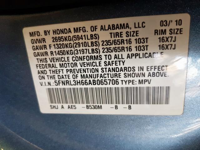 5FNRL3H66AB065706 - 2010 HONDA ODYSSEY EXL  photo 10