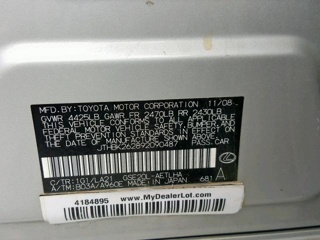 JTHBK262892090487 - 2009 LEXUS IS 250 SILVER photo 10