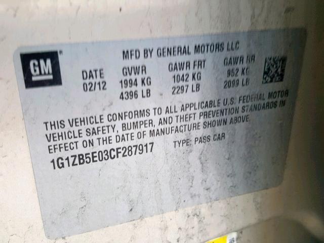 1G1ZB5E03CF287917 - 2012 CHEVROLET MALIBU LS GOLD photo 10