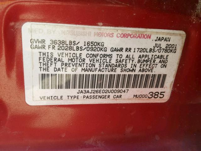 JA3AJ26E02U009047 - 2002 MITSUBISHI LANCER ES RED photo 10