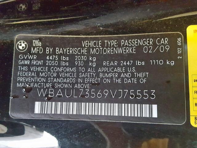 WBAUL73569VJ75553 - 2009 BMW 128 I BLACK photo 10