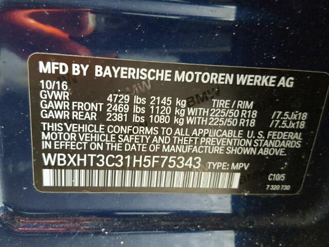 WBXHT3C31H5F75343 - 2017 BMW X1 XDRIVE2 BLUE photo 10